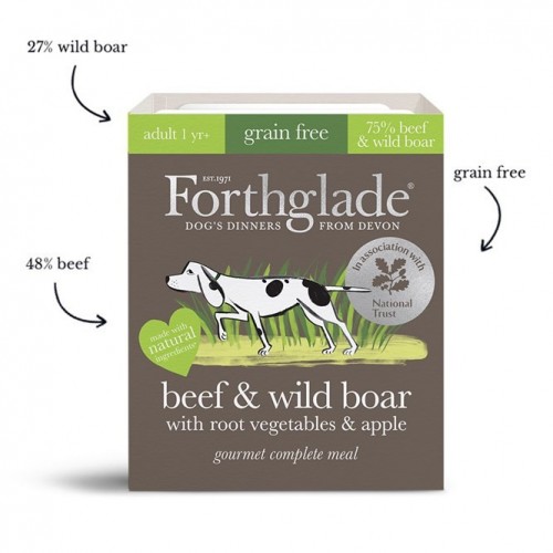 complete meal grain free gourmet beef & wild boar natural wet dog food with root vegetables & apple 395g